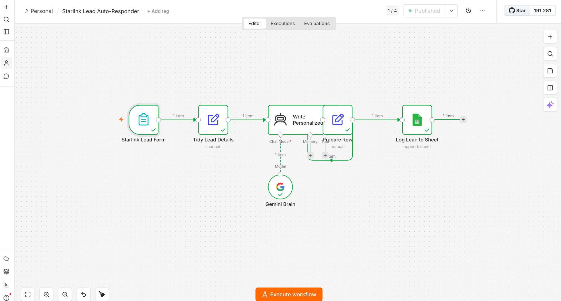 n8n automation — Starlink lead auto-responder workflow
