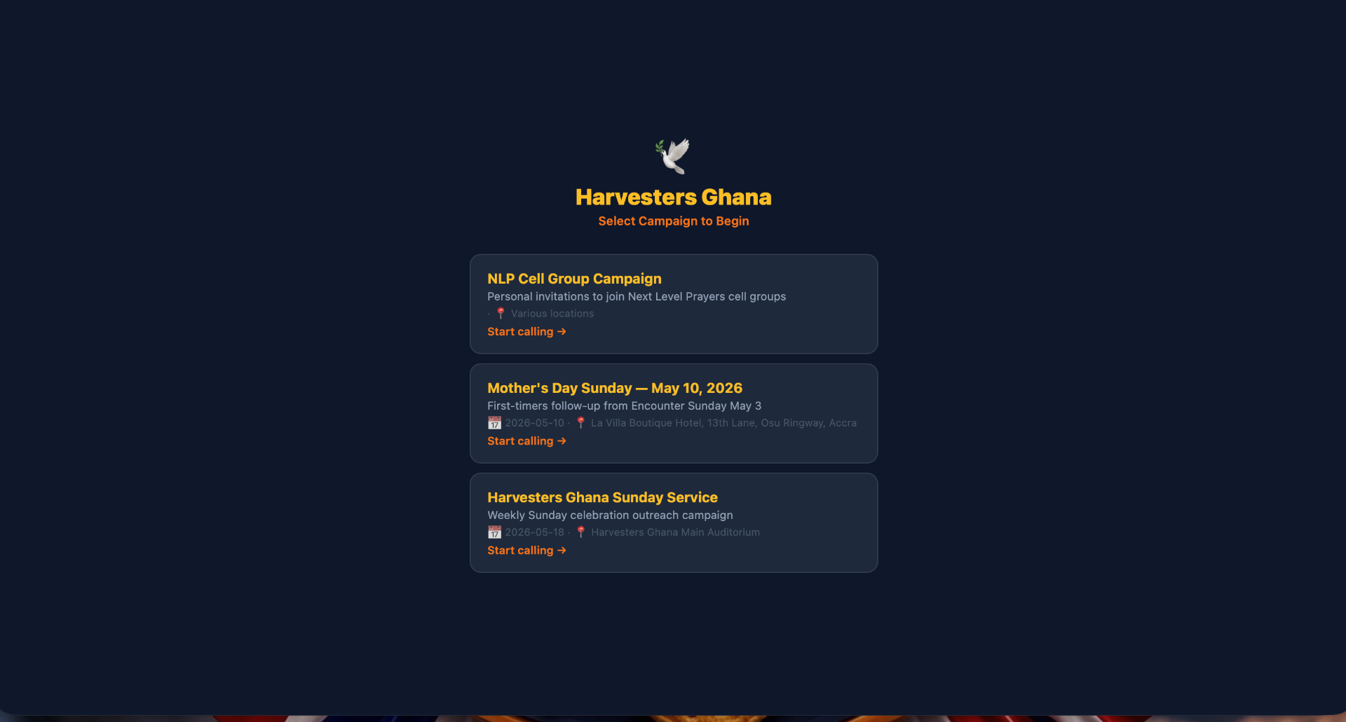 Harvesters Ghana call campaign portal — campaign selection screen